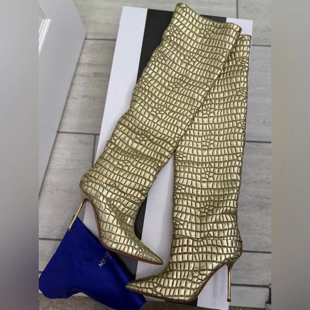 Aquazurra Boreal Metallic Gold Croc-Embossed Over-The-Knee Boots - size 37.5 EUC